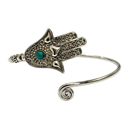 Silver-Plated Adjustable Hamsa Spiral Cuff Bangle - image 2