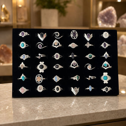 36 Adjustable Silver-Plated Rings with Gemstones, Assorted Designs, Foam Display Tray