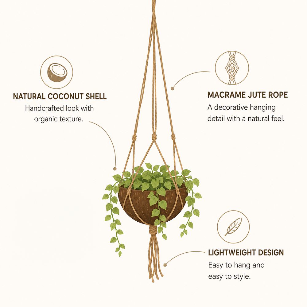 Coconut Shell Pot Holder with Macrame Jute Rope, 15x90cm - image 8
