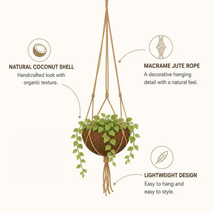 Coconut Shell Pot Holder with Macrame Jute Rope, 15x90cm - image 8