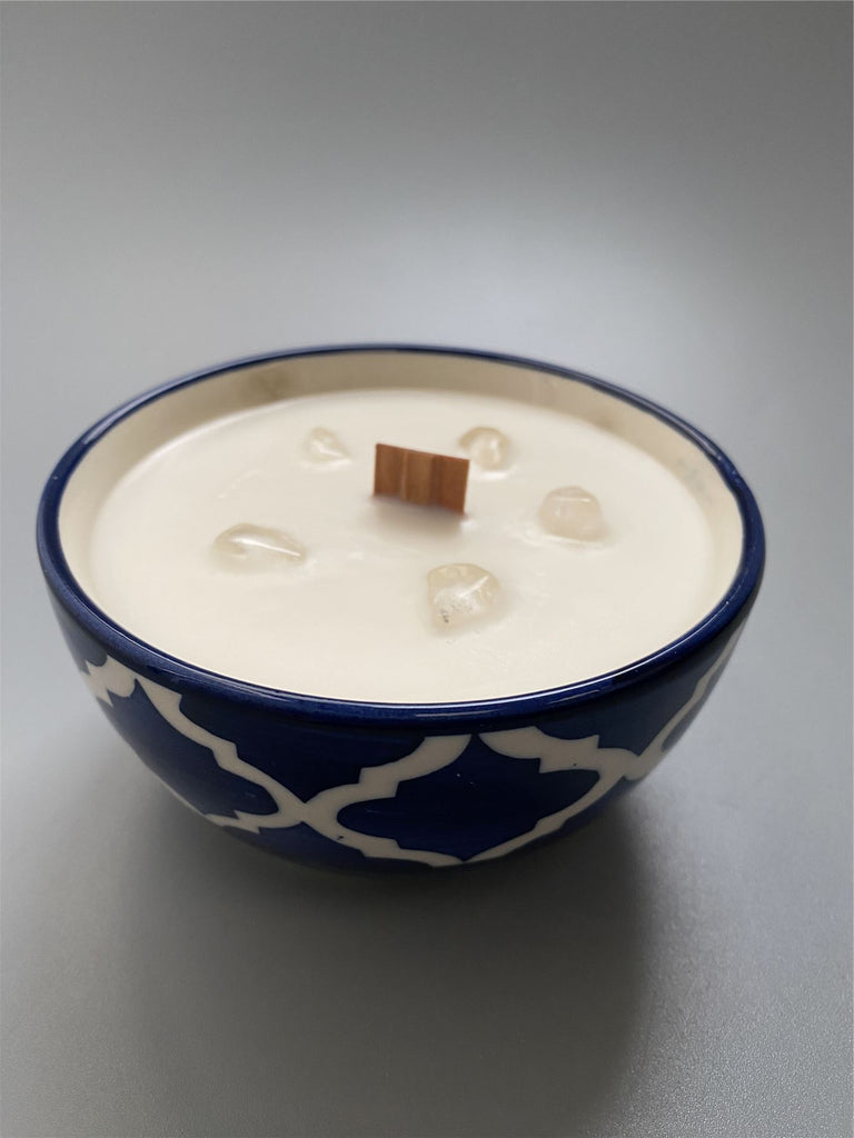 Ceramic Bowl Candle, Vanilla with Clear Quartz Crystals