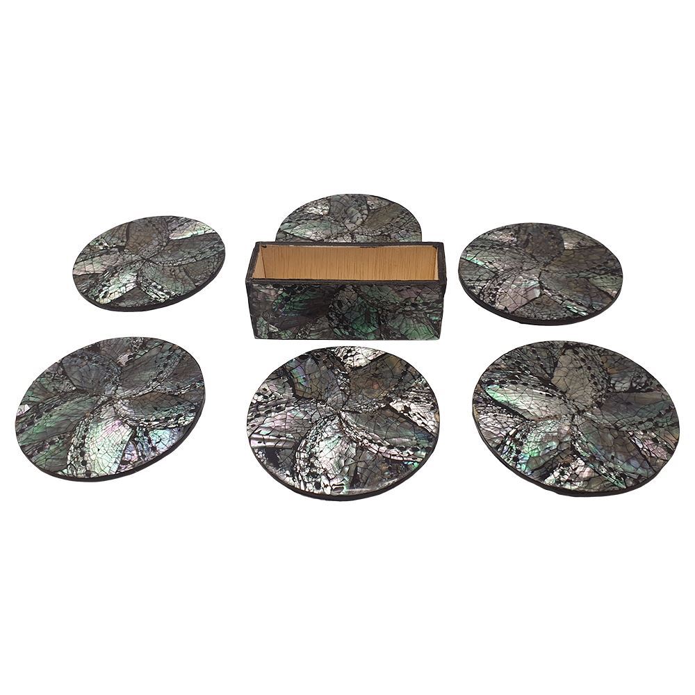 Capiz Inlay Coasters, Black/Silver, 10cm with Box, Set of 6