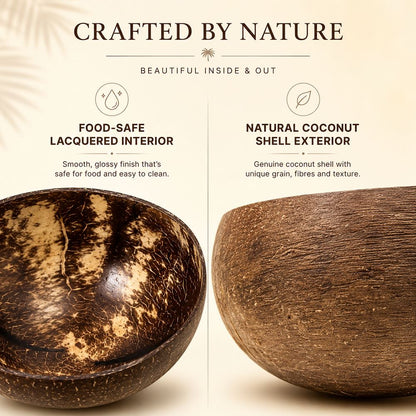 Natural Coconut Shell Bowls, Food-Safe Lacquered Interior, Medium 11-12cm Set