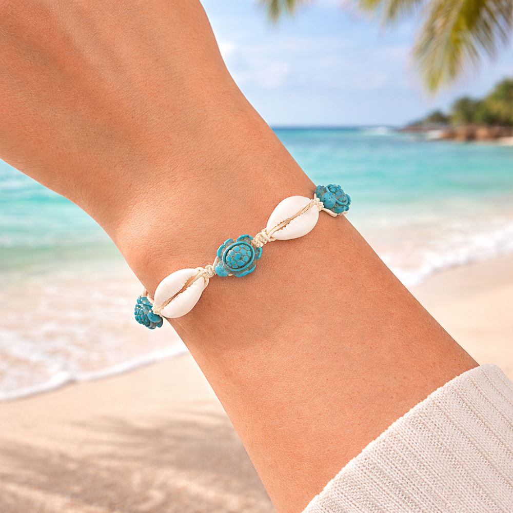 Cowrie Shell & Turquoise Turtle Bracelet