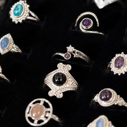 36 Adjustable Silver-Plated Rings with Gemstones, Assorted Designs, Foam Display Tray