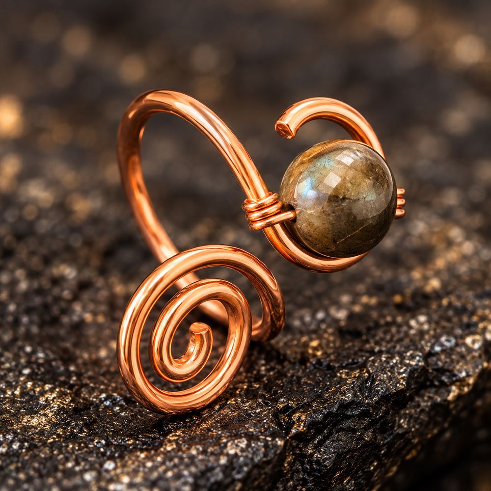 Copper Ring with Polished Stone, Design #05, Tiger's Eye