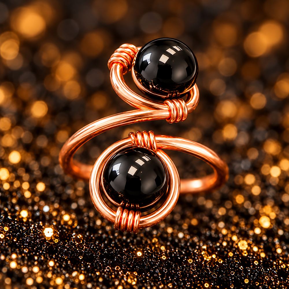 Copper Ring with Polished Stone, Design #03, Black Onyx