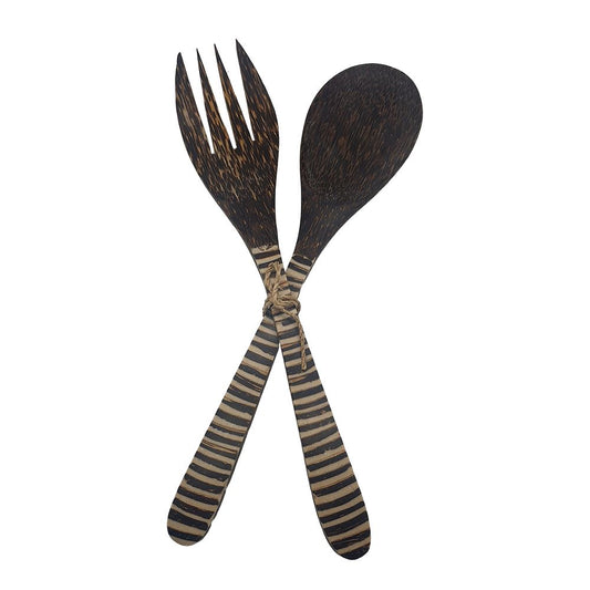 Sono Wood Salad Servers, Stripe Pattern, 30cm