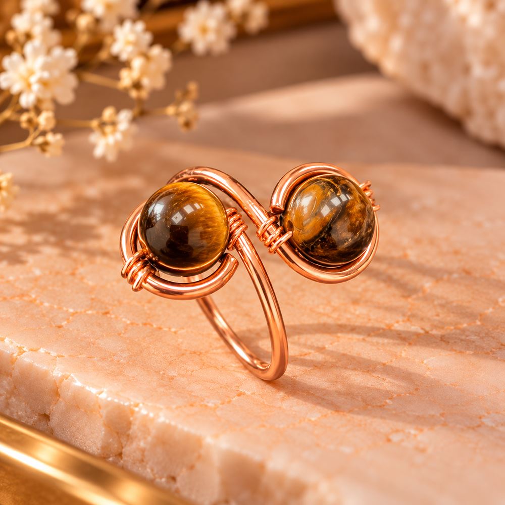 Copper Ring with Polished Stone, Design #03, Tiger's Eye