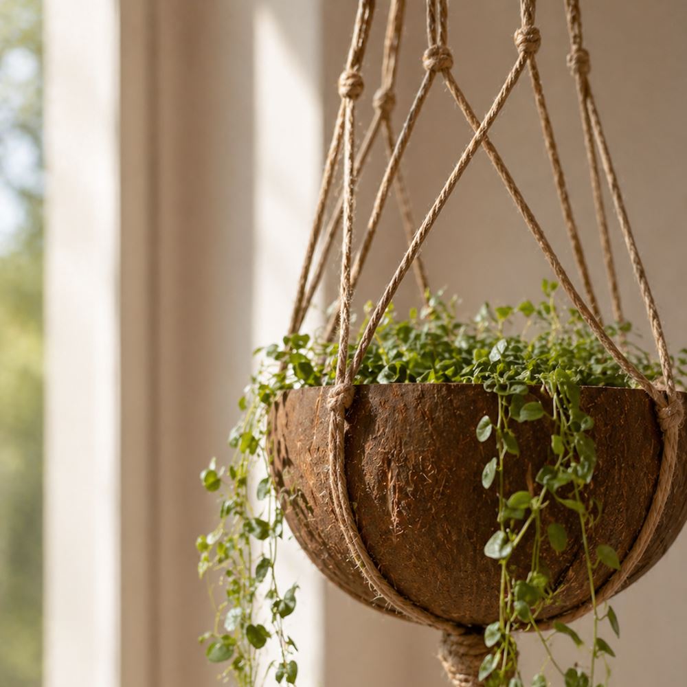 Coconut Shell Pot Holder with Macrame Jute Rope, 15x90cm - image 6