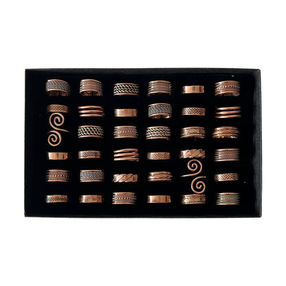 36 Adjustable Copper Rings, Assorted Designs, Foam Display Tray