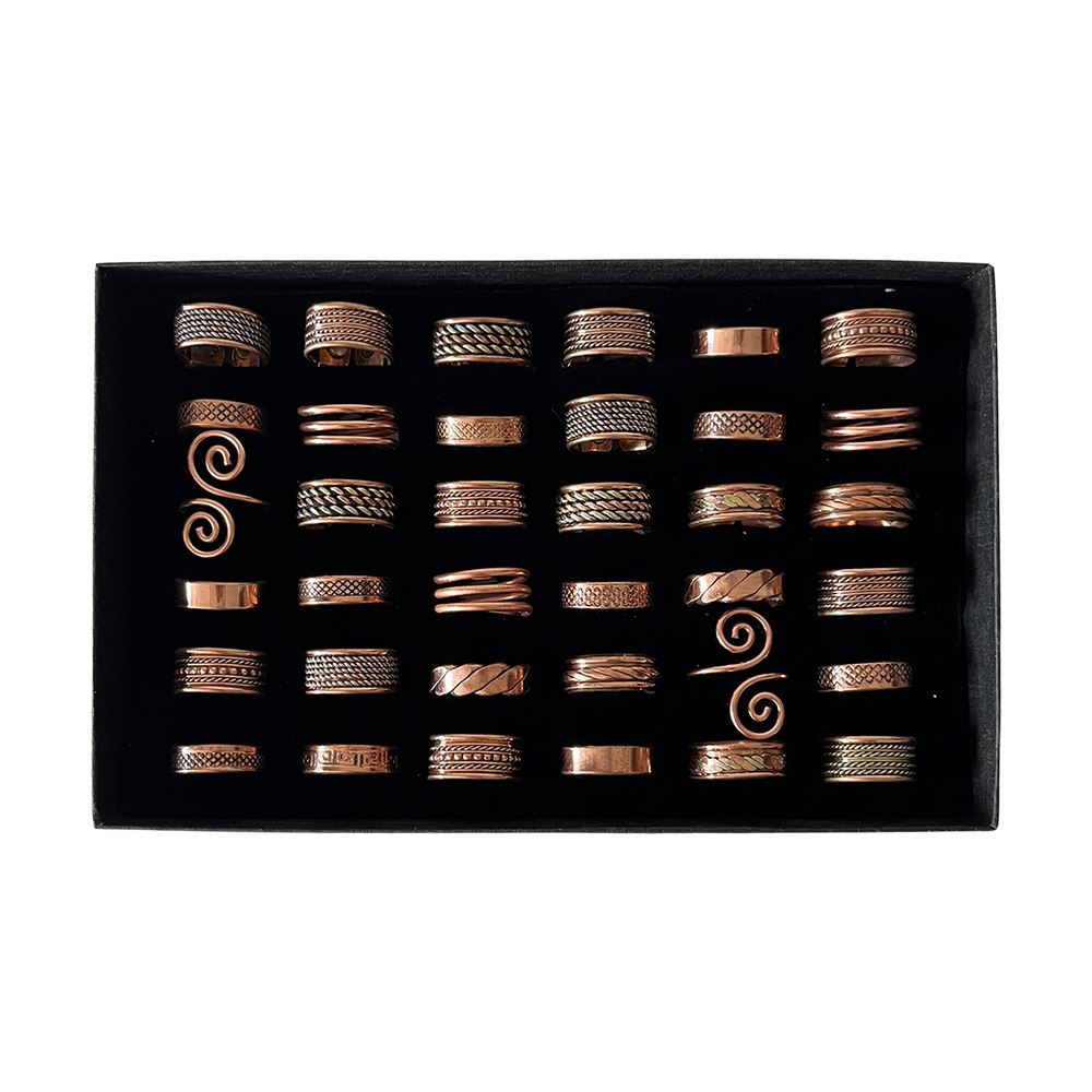 Box of 36 Assorted Adjustable Copper Rings, Includes Display Box