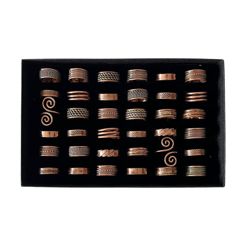 Box of 36 Assorted Adjustable Copper Rings, Includes Display Box