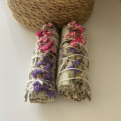 Smudge Stick, White Sage, Purple and Pink Sinuata 4"