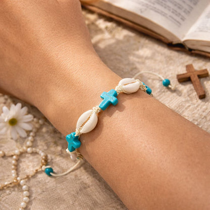 Cowrie Shell & Turquoise Cross Bracelet
