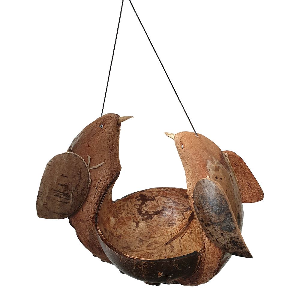 Bird Feeder, Coconut Shell with 2 Birds Carving, Approx 30cm Hanging Height