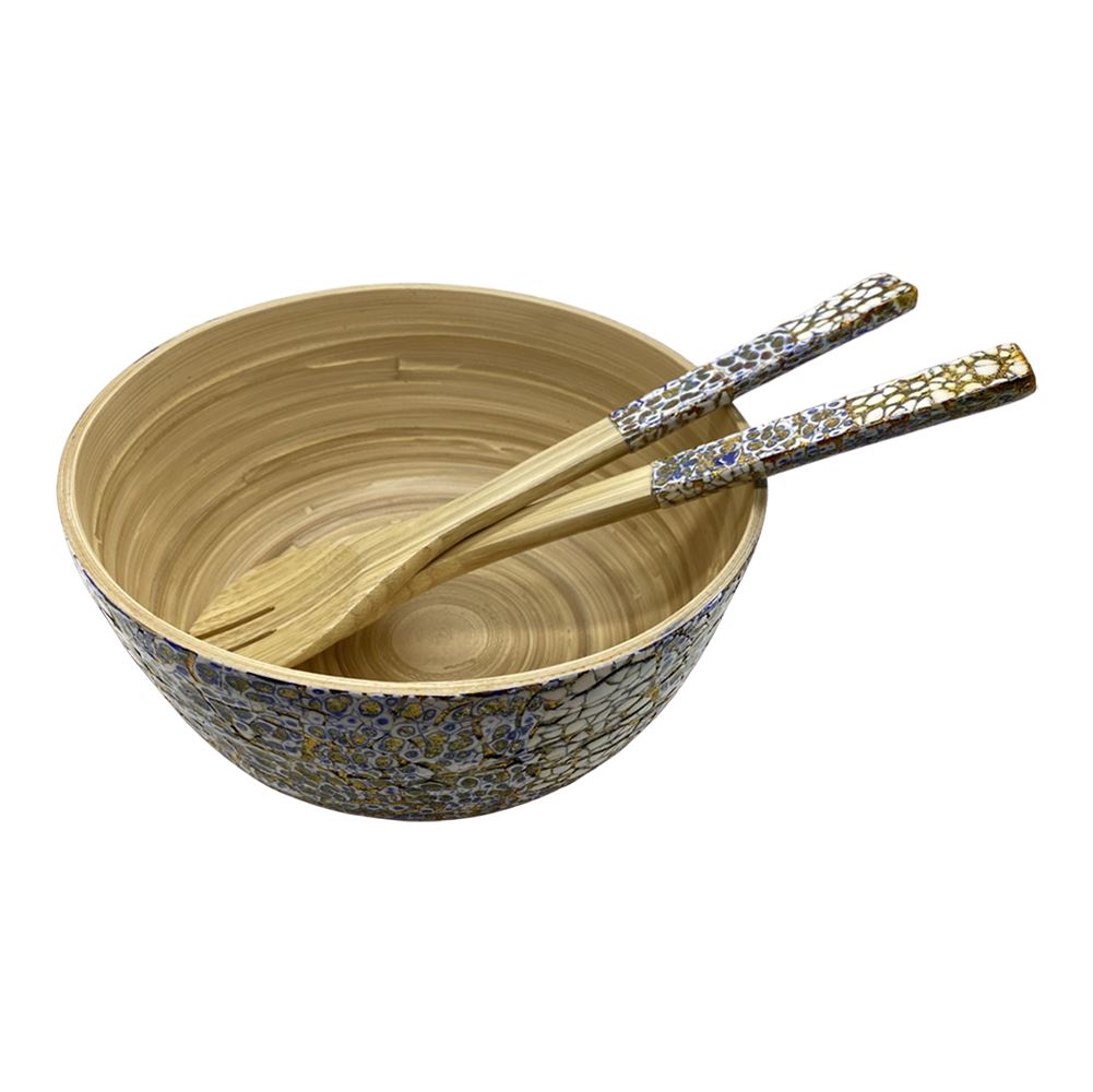 Bamboo Salad Bowl, 23x10cm, Crackled Blue, with Matching Salad Servers