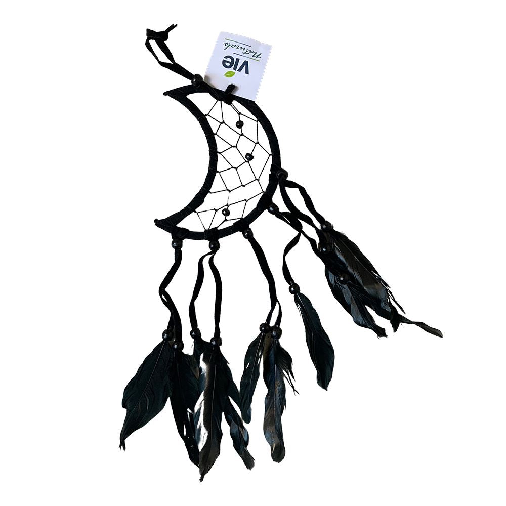 Crescent Dream Catcher, Feathers, 12cm, Black