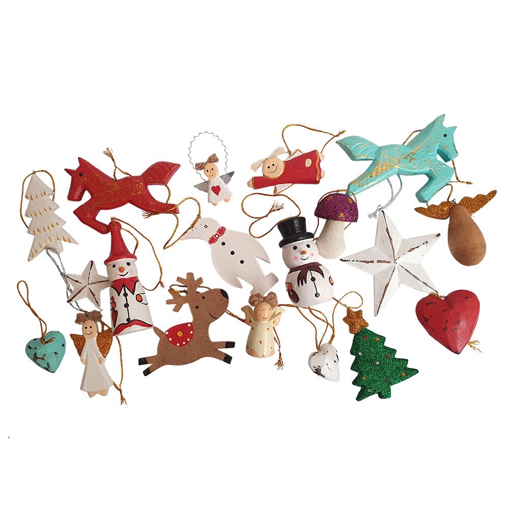 Handmade Assorted Christmas Ornament, Wooden, Box of 36 Pieces
