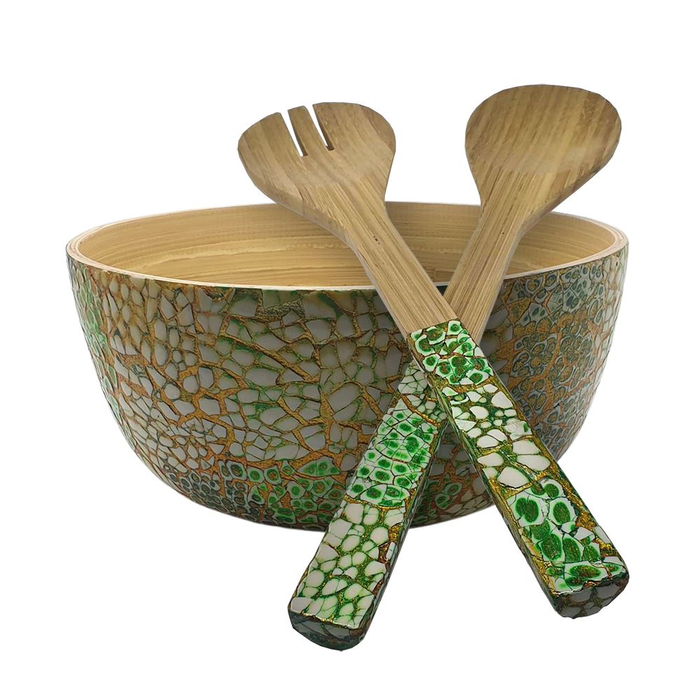 Bamboo Salad Bowl, 23x10cm, Light Green, with Matching Salad Servers