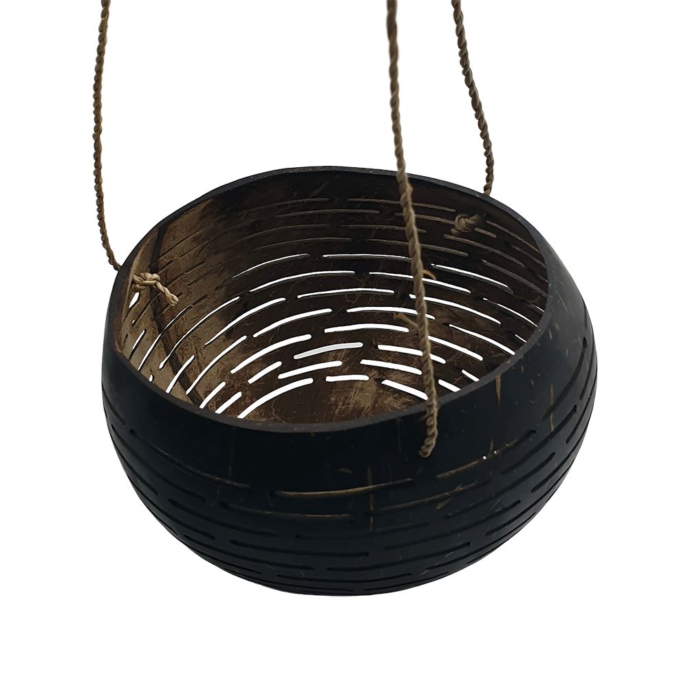 Carved Hanging Coconut Shell with a Sturdy Jute Rope, 13-15cm