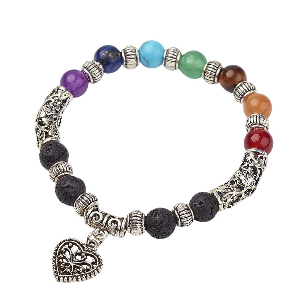 Stretch Heart Bracelet with Alloy Findings, 7 Chakra