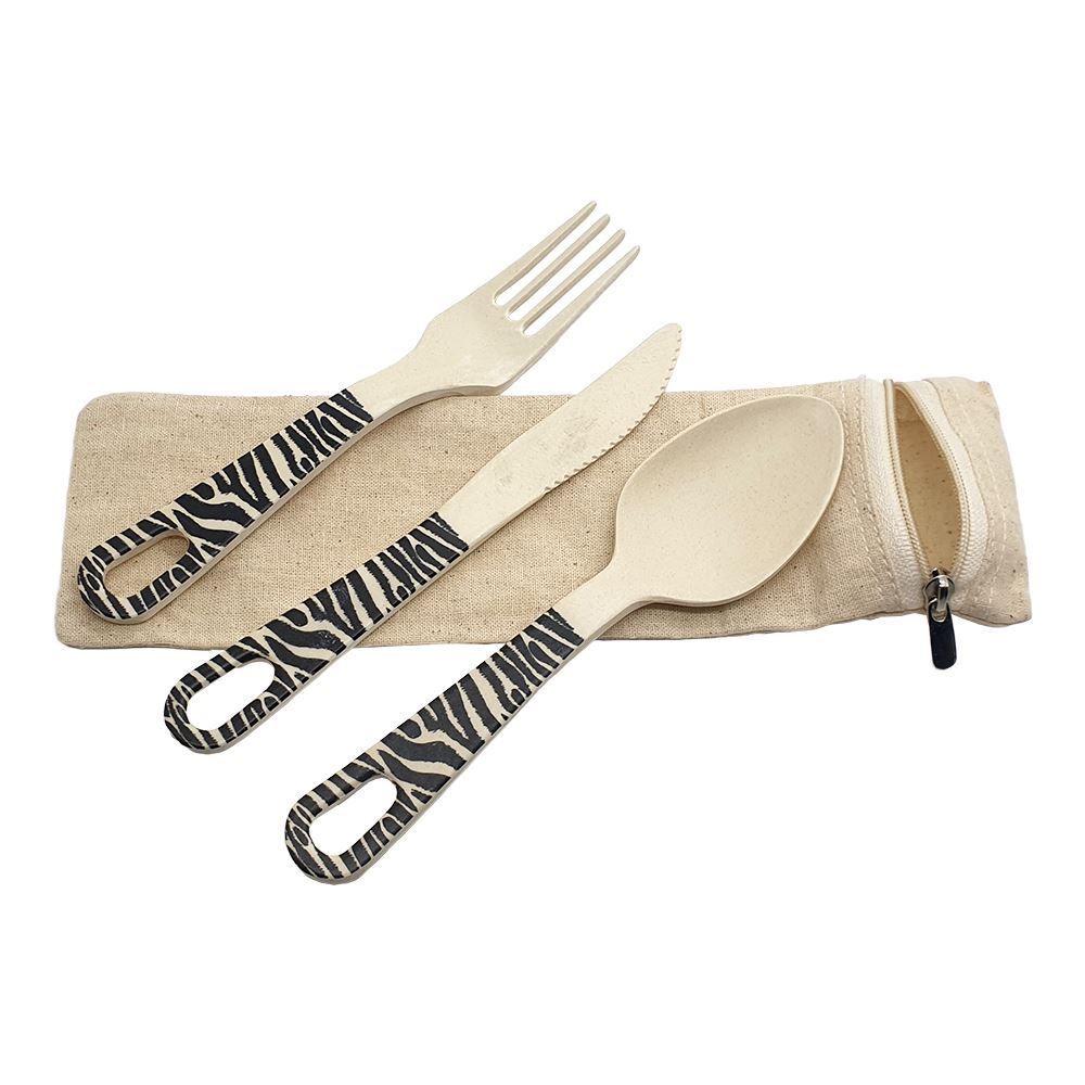 Reusable Bamboo Cutlery Set in a Zipper Bag, Zebra Pattern