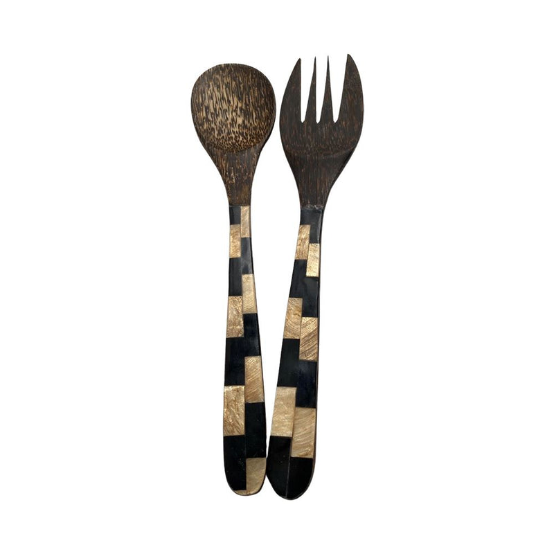 Salad Servers, Coconut Wood with Gold & Black Clam Inlay, 30x7cm