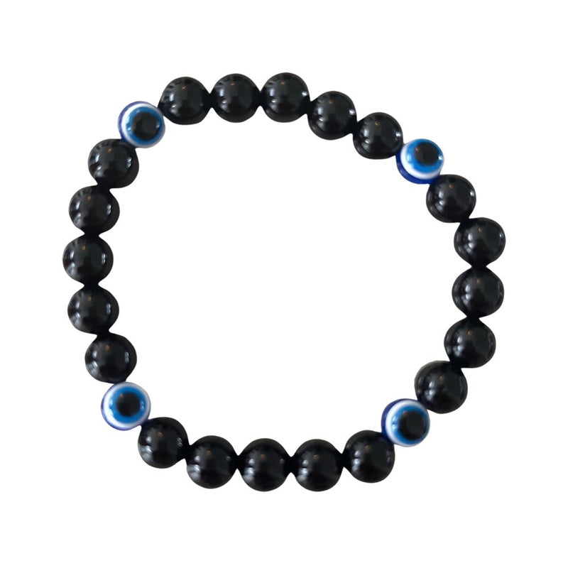 Evil Eye Beaded Stretch Bracelet, Black Obsidian