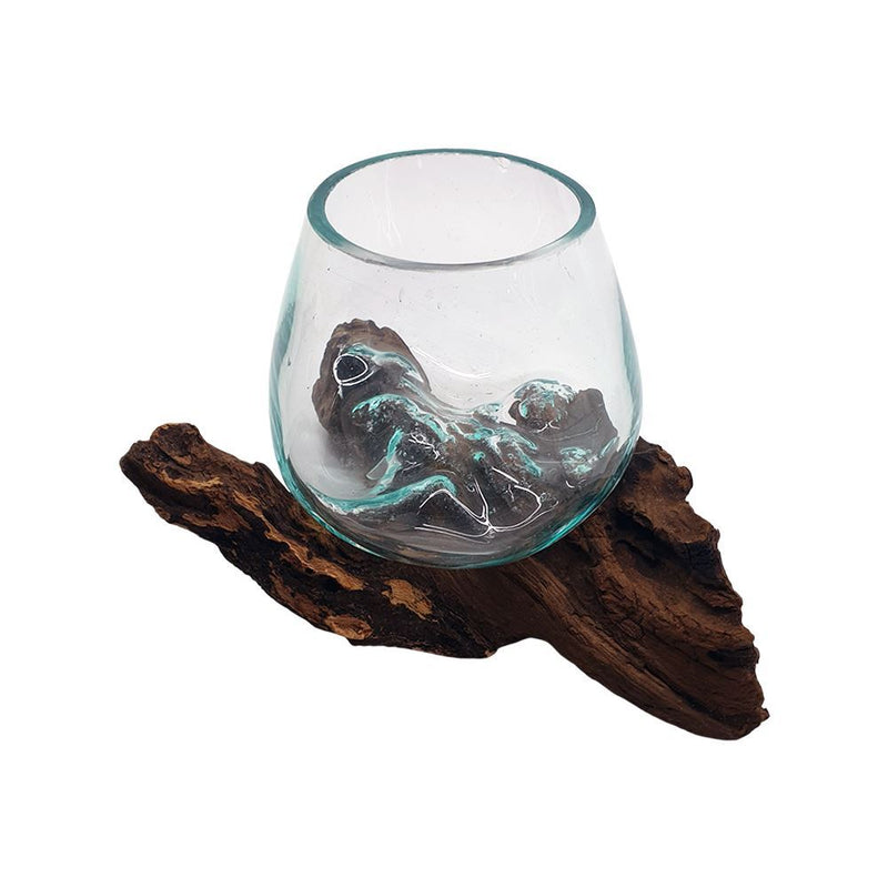 Molten Glass Terrarium on Balinese Gamal Wood, Bowl, 12cm Height