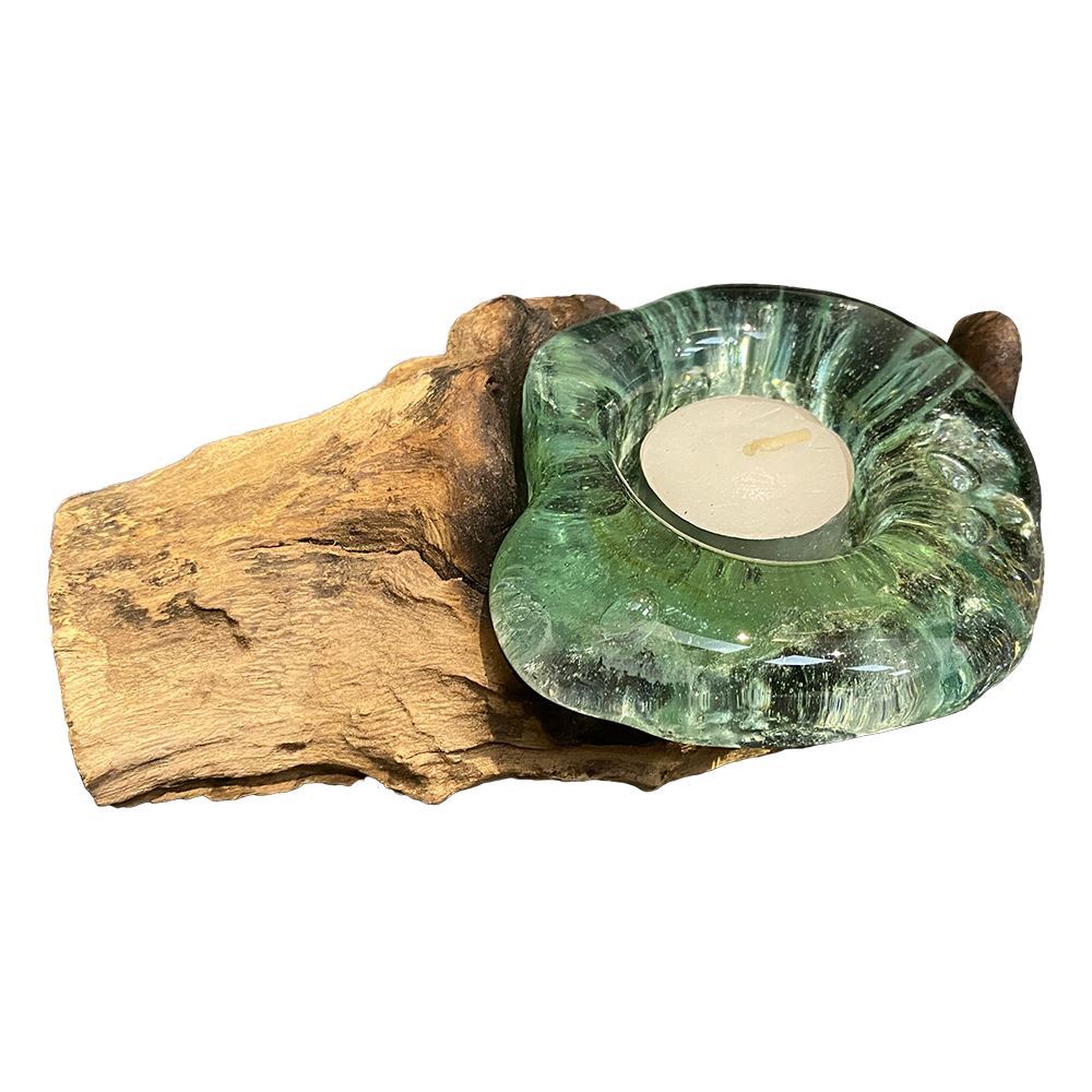 Molten Glass on Balanese Gamal Wood, Tealight Holder, Single, 15cm
