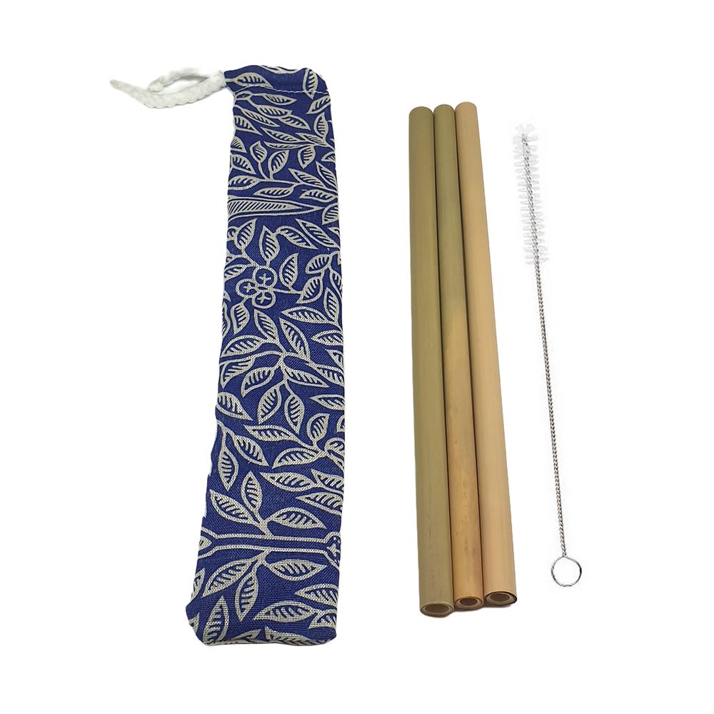 Bamboo Drinking Straws, 22cm, Set of 3 in a Batik Pouch, Includes a Cleaning Brush