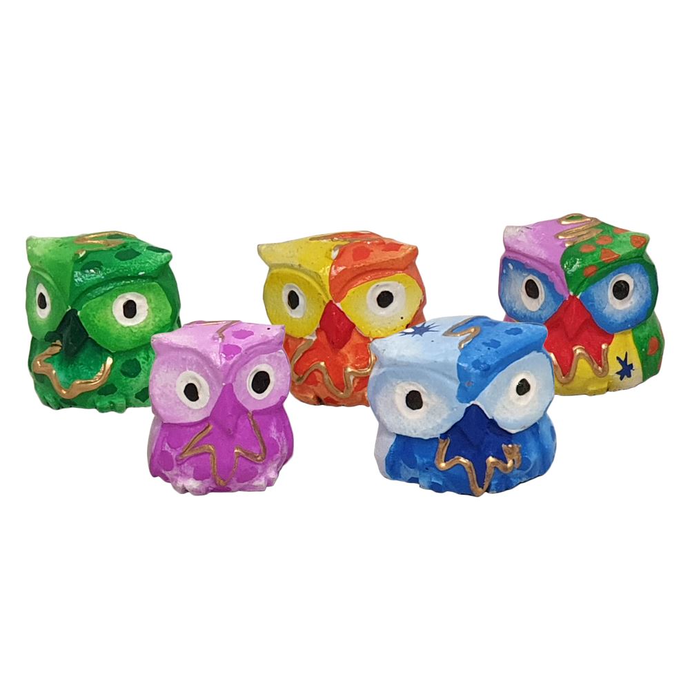 Abstract Owl Carving, Painted - Set of 5, 10 cm