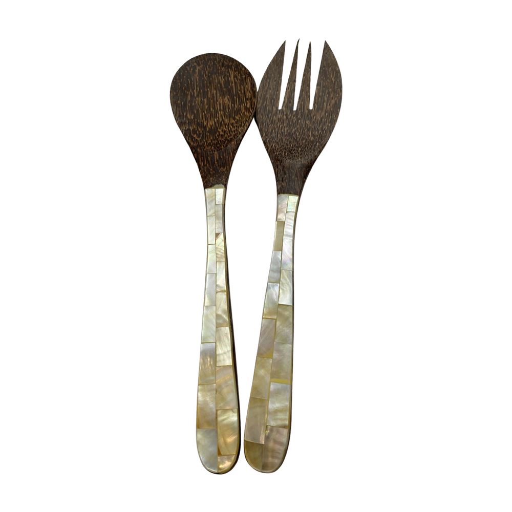 Salad Servers, Coconut Wood with Abalone Inlay, 30x7cm